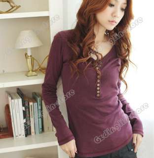 Fashion V Necks Long Sleeve Cotton Casual Button Tops Blouses Short T 