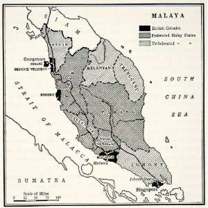  1941 Lithograph Vintage Map Malaya British Rule Territories 