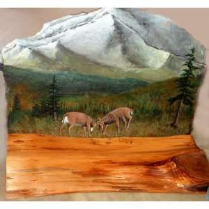    Dueling Deer   Painting on Slate with Log Base