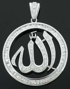   Sterling Silver Baguette Cubic Zirconia Bling CZ Allah Pendant Charm