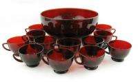 Anchor Hocking Royal Ruby Red Glass Punch/Popcorn Bowl w/ 12 Cups 