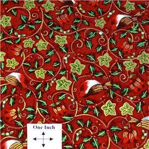 Andover Cotton Fabric, Tiny Red Robins, Metallic Gold on Red, BTY 