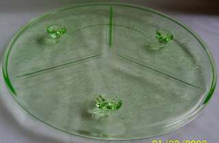   ASTER GREEN 10 DIAMETER 3 FOOTED CAKE PLATE by U.S. GLASS CO.  