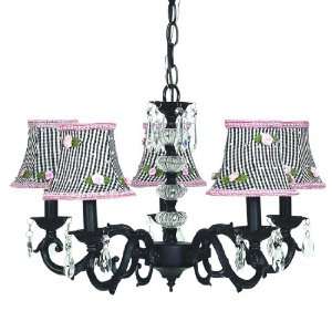 Arm Glass Turret Chandelier in Black with Black Check & Pink Rosebud 