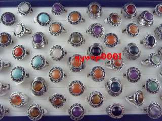 Lots 50pcs Top quality Tibet silver natural gemstone rings  