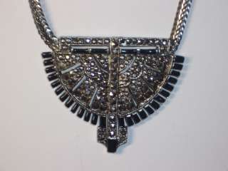 ART DECO SILVER PLATED MARCASITE AND ENAMEL NECKLACE  