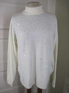 QUACKER FACTORY Ivory White Sequins Mock Tneck Sweater L  
