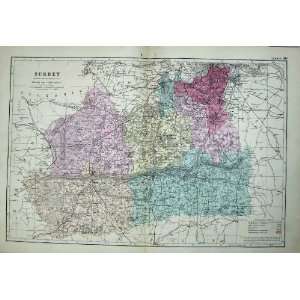 1881 Map Surrey England Guildford Epsom Reigate Croydon  