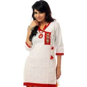  White and Red Angarakha Kurti with Mirrors   Pure Cotton 