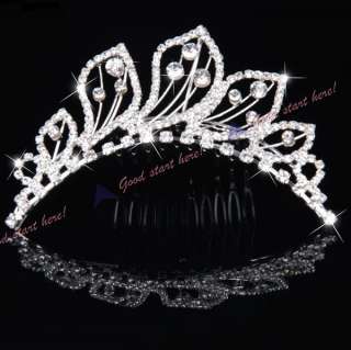 Princess Bride Oblique Crown Crystal Leaf Shape Rhinestone Tiara Hair 
