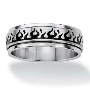   Stainless Steel and Black Ruthenium Finish Flame Motif Band Ring
