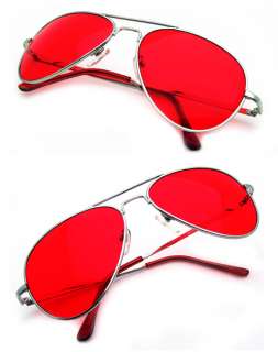RED LENS Aviator Sunglasses SILVER Retro Classic Frame  