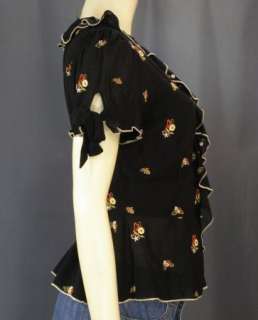   Black Embroidered Floral Top 6 Ruffle Flounce Cotton Blend  