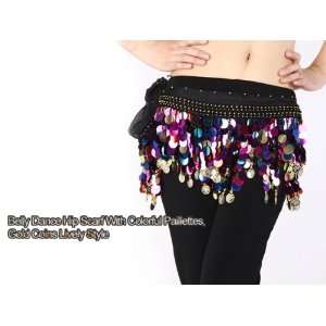  Belly Dance Hip Scarf With Colorful Paillettes, Gold Coins 