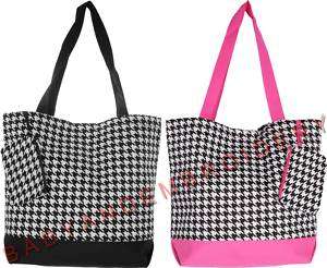 Tote Bag Purse Houndstooth Pink Black Embroidery Option  