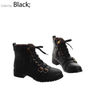 Womens Lace Up buckle side zipper military Ankle Boots  