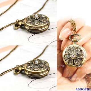   Bronze Crystal Rhinestone Long Necklace Pendant Pocket Watch  