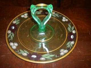 Vintage GREEN GLASS TIDBIT Handled Floral SNACK TRAY  