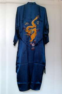 men s satin robe navy blue with embroideries of three dragons 
