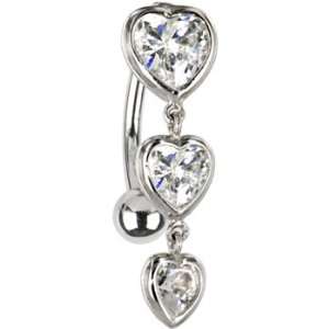   Yellow Gold Top Mount Cubic Zirconia Heart Trilogy Belly Ring Jewelry
