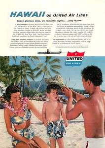 1956 United Air Lines, Hawaii Beach Scene   Color Ad  