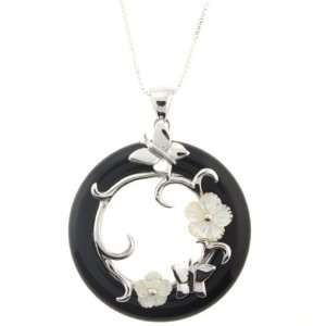   Butterflies and Mother of Pearl Flowers   40mm Pendant   18 Sterling