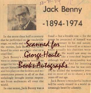 JACK BENNY~ARCHIVE OF 8~FUNERAL CLIPPINGS~1974  