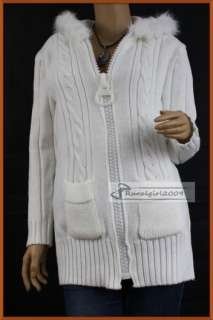 Fashion Big Zipper Twist Pattern Knit Hoodie Sweater Faux Fur Top Live 
