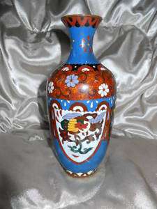   Antique Japanese Cloisonne BLUE Enamel Vase W/ Phoenix Birds, 7 1/4 H