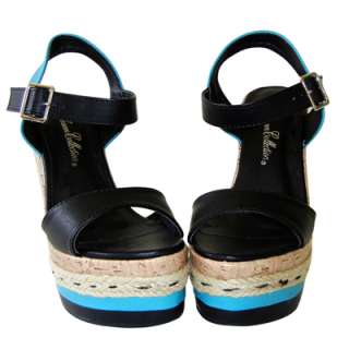 Ankle Straps Cork Wedge w Black Teal Contrast Topstitched Jute 
