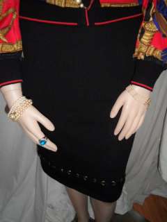 395 Black Santana Knit skirt w leather & gold grommets  