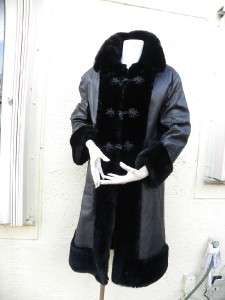 GORGEOUS BLACK LEATHER RUSSIAN PRINCESS COAT W/SHEARLING TRIM MADE IN 
