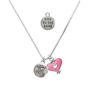   & Bad to the Bone Circle and Trasnlucent Pink Heart Charm Necklace
