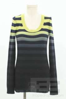 Theory Chartreuse & Navy Cashmere Striped Ombre Long Sleeve Sweater 