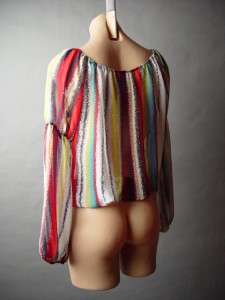   Colorful Stripe Retro 70s Boho Blouson Peasant Style Top Blouse S