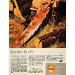  1945 Ad Shell Oil Saw Rust Wood Ax Chopping Farmer Navy 