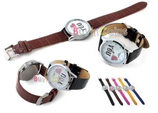 New Lady Glittery Heart Design Leather Watch I Love You  