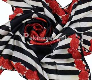 Red Flowers Large Square 35 100% Silk Scarf Kerchief Black And White 