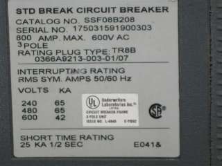 GE POWER BREAK II CIRCUIT BREAKER SSF08B208 600V 800A  