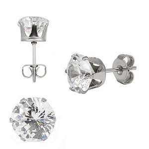   Steel Ear Studs with Clear Round Zirconia 5mm (Pair) Jewelry