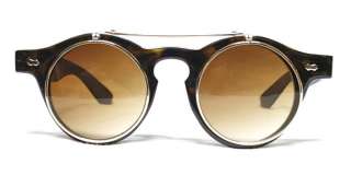 50s Vintage Flip Up Round Tortoise Brown Frame Steampunk Sunglasses 