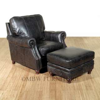   Old Saddle Black Genuine Leather Arm Chair and Ottoman  