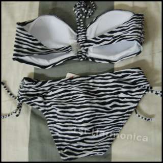 New Womens Zebra Black White Striped Bikini Bandeau Swimsuits S M L XL 