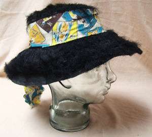 Vintage Ladies Womens Tiki Black Fuzzy Sun Straw Hat Mad Men  