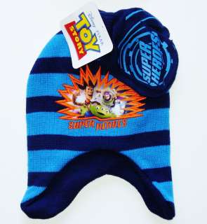 TOY STORY BUZZ & WOODY Disney Toddlers Blue Beanie Hat & Mittens Set 