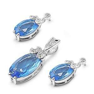 Sterling Silver & Aquamarine CZ Fancy Bail Stud Oval Earring & Pendant 