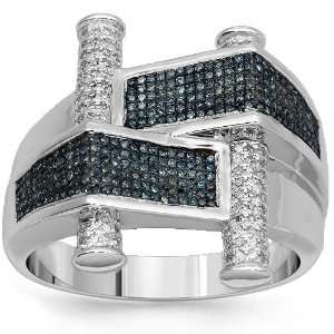   White Gold Mens Multi Colored Diamond Ring with Blue Diamonds 0.90 Ctw