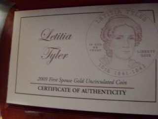 US MINT FIRST 2008 SPOUSE SERIES GOLD PROOF COIN BOX   LETITIA TYLER 