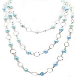 Light Blue Pearl & Chain Link Necklace Jewelry