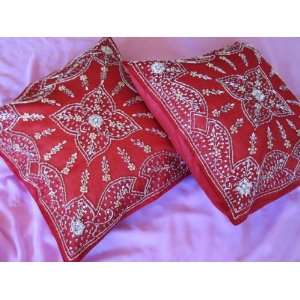  2 Sari Red India Throw Decorative Pillow Cushion Covers 